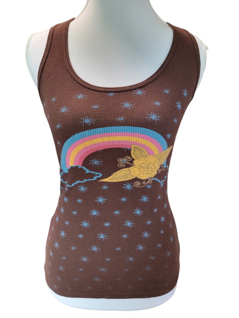 Y2K Self Esteem100% Cotton Brown Ribbed Tank Top With Rainbow Graphic